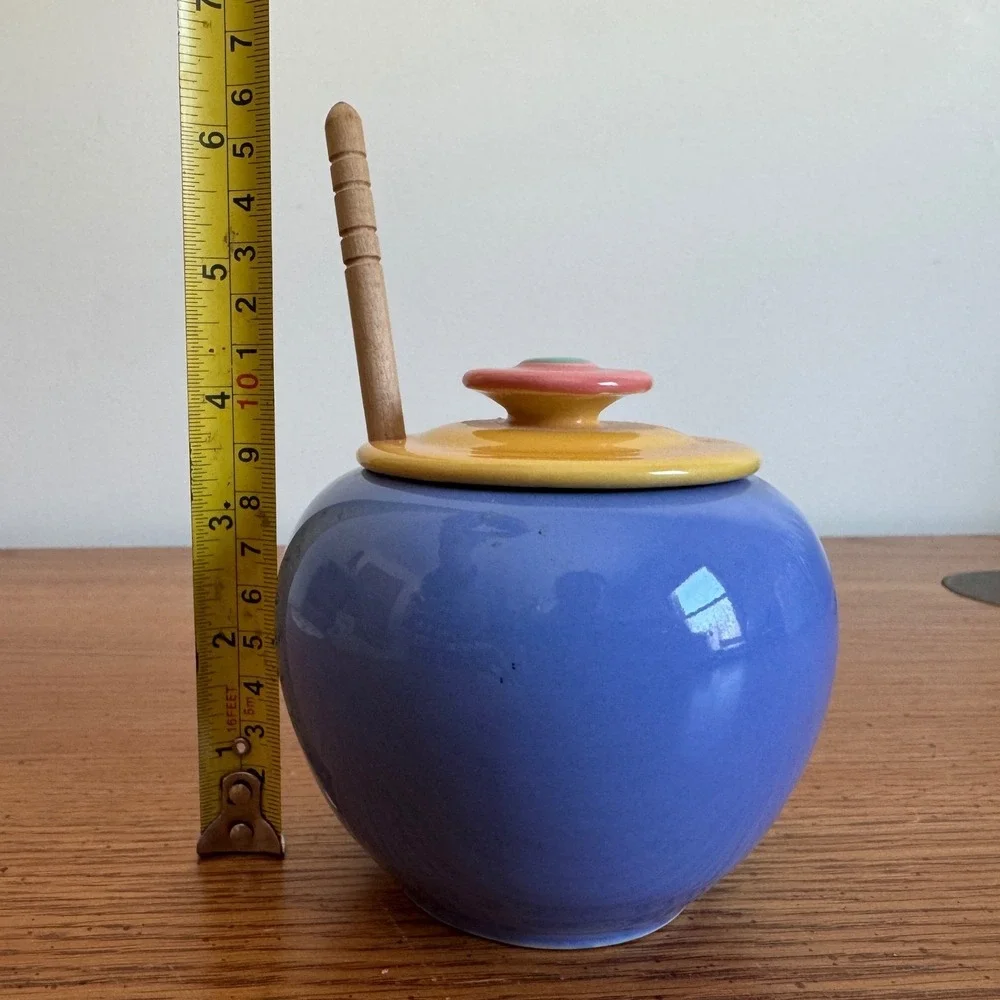 Vintage Ceramic Honey Pot Jar with Lid and Wooden Dipper Pastel‎ Colors